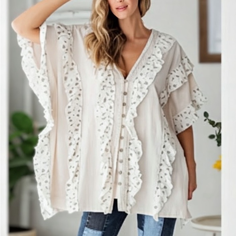 Oli & Hali Cream Ruffle Button-Down Blouse